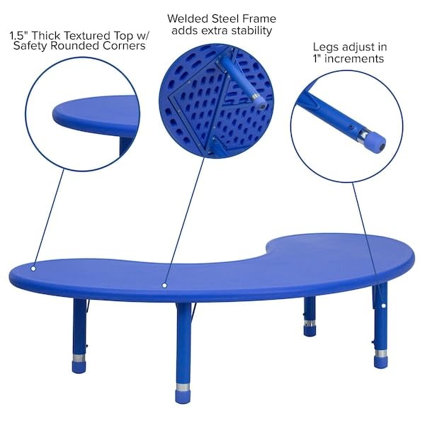 Flash Furniture 35''W x 65''L Half-Moon Blue Height Adjustable Activity Table - 8-Seat Classroom