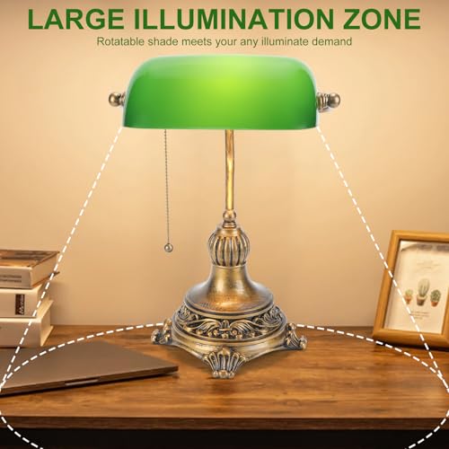 NISSAFORS Bankers Lamp with Pull Switch, Green Glass Desk Lamp with Retro Black/Gold Finish, Vintage Table Lamps for Living Room, Library, Piano(Green)