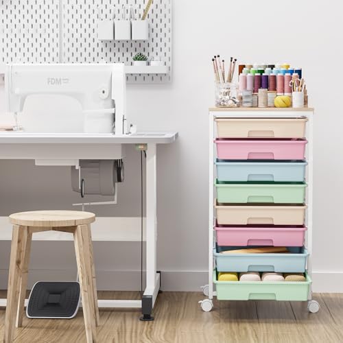 TOOLF Rainbow 8-Drawer Rolling Storage Cart with wooden top — classroom, office & home organization