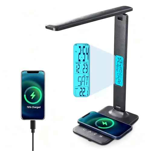 LED Desk Lamp with 10W Wireless Charger & USB Port, Eye-Caring Dimmable Touch Control Lamp with Clock Display, Adjustable Foldable Arm, 5 Brightness & 3 Color Modes for Home Office Study