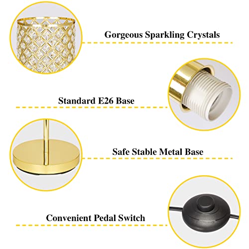 Gold Floor Lamp, Crystal Floor Lamp with Decorative Shade, Standing Lamp with On/Off Foot Switch & E26 Base, Modern Floor Lamps Corner Tall Pole Light for Living Room, Girls Bedroom, Dresser, Office