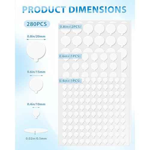 FIVEIZERO Double Sided Adhesive Dots, 0.4", 0.6", 0.8" Clear Removable Glue Sticky Dots for Wall Hanging, Poster, Picture, Balloon Decoration, Waterproof No Trace Mounting Putty, Heavy Duty (280pcs)