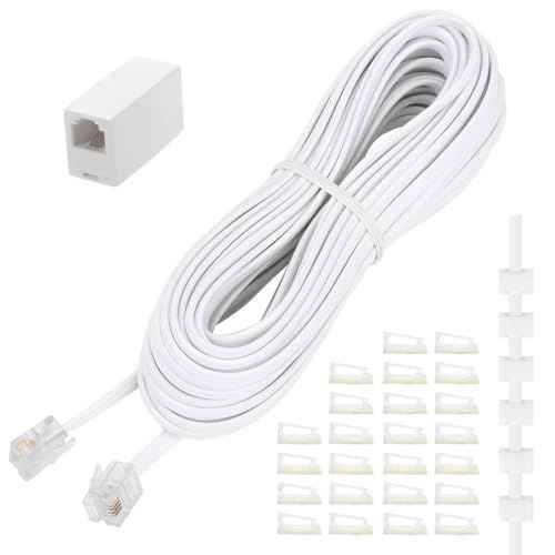 Uvital Phone Extension Cord 33 Ft, Telephone Cable with Standard RJ11 Plug and 1 in-Line Couplers and 20 Cable Clip Holders, White