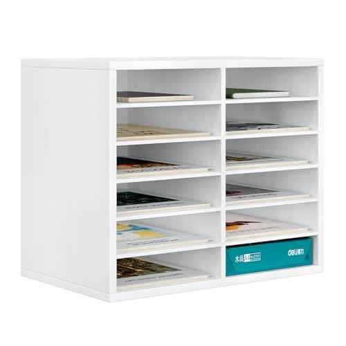 PAG Countertop Mail Sorter Organizer, Wooden Literature Organizer, Student Mailbox for Classroom, Desktop Bill Organizer for Office Home School, 12 Compartments, White