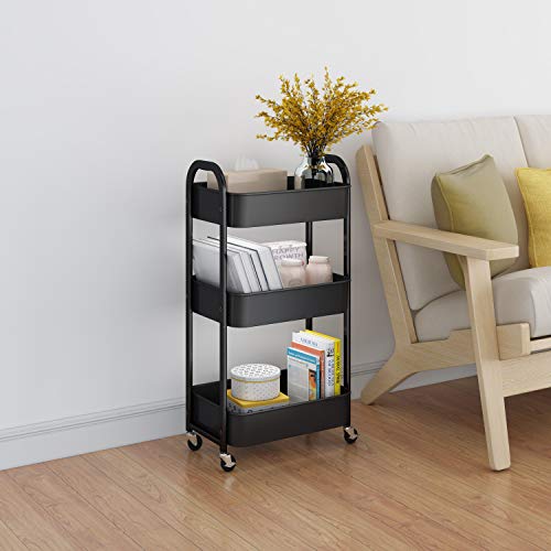 MAX Houser Black 3-Tier Rolling Utility Cart with Lockable Casters – Easy Assembly