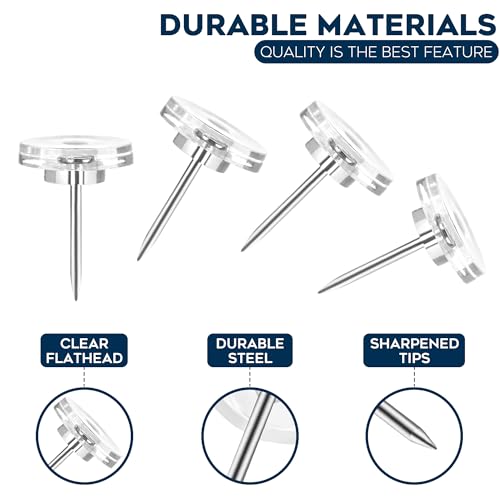 150 Clear Thumb Tacks with Reusable Box – Flat Head Push Pins for Office & Home