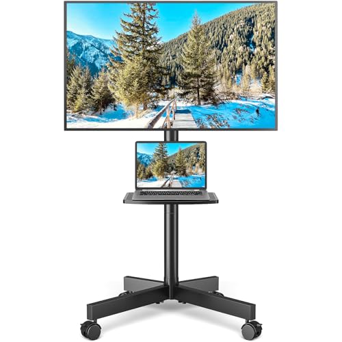 Rolling TV Stand with Shelf for 23-65 inch TVs up to 88lbs, Portable Mobile TV Cart with Silent Wheel, Tilt & Height Adjustable Universal Corner TV Stand for Bedroom, Living Room, Office