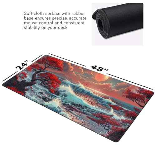 Japanese Desk Mat - 48 x 24 Inches - Sea Wave Extended Big Mouse Pad Large,XXXL Gaming Mouse Pad Desk Pad with 3mm Non-Slip Base and Stitched Edge for Home Office Work,Fantasy Artwork Style