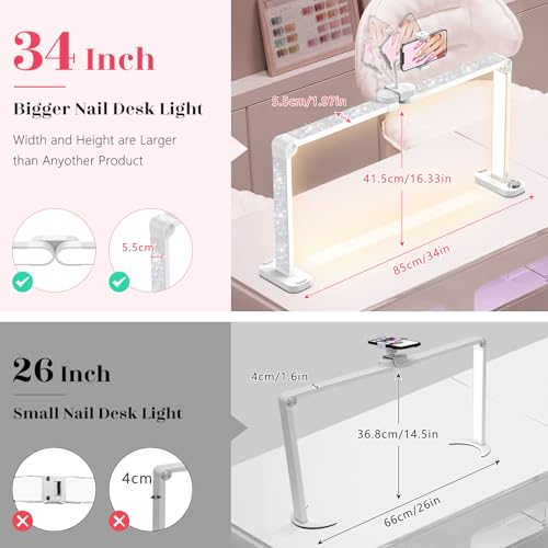 Yokilly 48W Half Moon Light: 34" Shadow-Free Half Moon Light for Desk Salon - Foldable LED Desk Lamp with Stepless Brightness 3000K-6500K for Manicurist Nail Tech (White Diamond, Large)