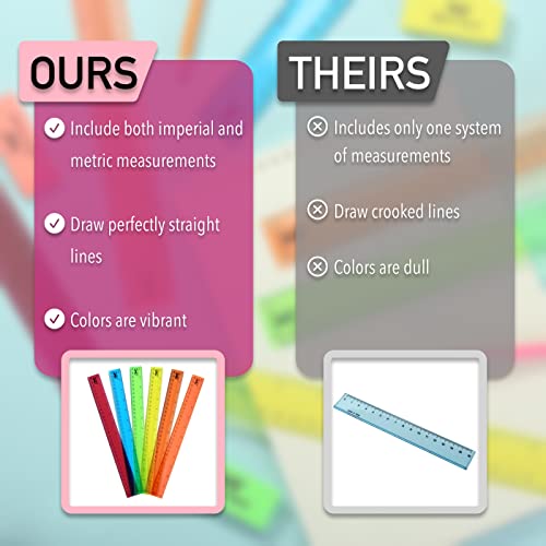 12 Inch Plastic Rulers Pack of 6 Assorted Colors - Office & Craft Measuring Tools