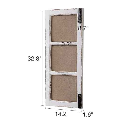 SOFE 32 Inch Long Linen Framed Bulletin Board, Creative Window Frame Wall Decor, Distressed White Fabric Pin Board, Narrow Farmhouse Message Board Decorative Vision Board/Memo Board