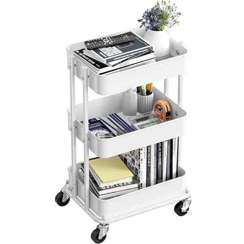 Simple Houseware 3-Tier Compact Utility Rolling Cart, Low 24¡± Height Fits Under Desk, Space-Saving Storage for Home Office, Dining Room, or Kitchen, White
