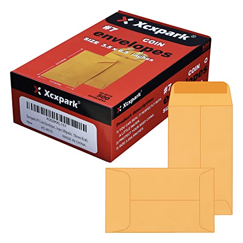 Xxcxpark 500 Pack #7 Coin Envelopes 3.5 x 6.5 Inches Brown Kraft Small Part Envelopes with Self-Adhesive Flap