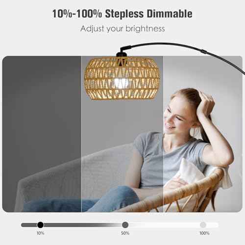 RGB Arc Floor Lamp with 3 Color Temperatures, Dimmable Rattan Boho Standing Lamp, APP and Remote Control, Modern Tall Lamp for Reading, Living Room, Bedroom, Office, Black