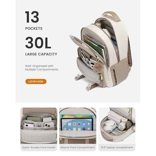 LOVEVOOK School Backpack for Teen Girls, Cute Student Backpack Purse Kid Bookbag for 14-16 Teenage, Back to School Backpacks Fit 15.6 Inch Laptop, Large College Travel Bag, Beige-Khaki
