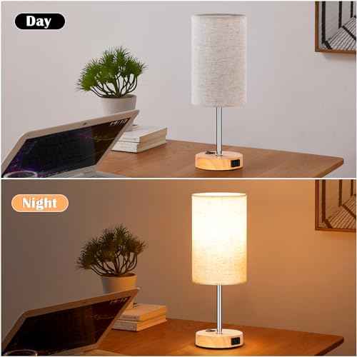 ZJOJO Table Lamp for Bedroom Set of 2, Bedside Small Lamps with 3 Way Dimmable Rocker Switch & AC Outlet, Nightstand Desk Lamp with Flaxen Fabric Shade Woodgrain Base for Living Room Home Decor Lights