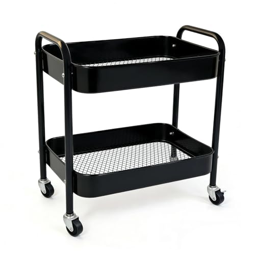 Black 2-Tier Metal Rolling Utility Cart with Handle & Lockable Wheels