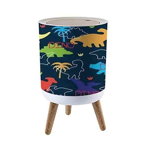 Small Trash Can with Lid Seamless Colorful Dinosaurs Dinosaur Silhouette Round Recycle Bin Press Top Dog Proof Wastebasket for Kitchen Bathroom Bedroom Office 7L/1.8 Gallon