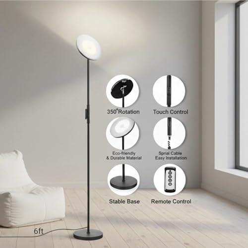 JOOFO Black LED Torchiere Floor Lamp with Remote & Stepless Dimming