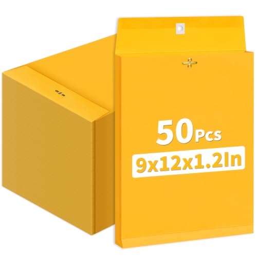 UZLU 50 Pack 9x12 Inch Expanding Manila Envelopes with Reusable Clasp & Gummed Seal, Heavyweight 180 GSM, Letter Size for Office & School Filing