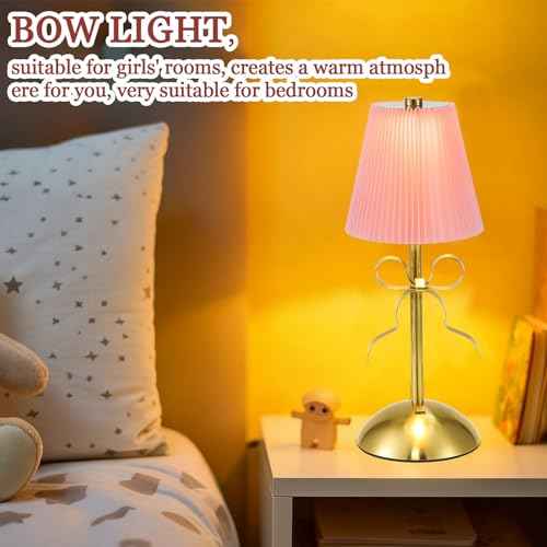 2 Pack Small Gold Bow Table Lamp 12 Inch for Girl's Bedroom Cute Coquette Bow Table Lamp with Fabric Shade Modern Decorative Bedside Light Small Princess Desk Lighting Boho Living Room (Pink)