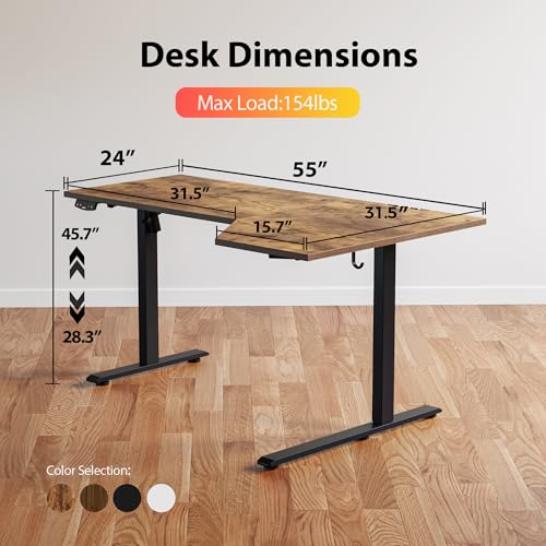 Agilestic 55 x 32 Inch Corner L-Shaped Electric Standing Desk, Rustic Brown - Adjustable Height with Memory