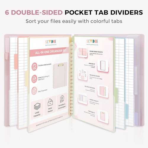 SKYDUE Pink Clipboard Folio with 6 Dividers, Refillable Notepad & Pouch Storage