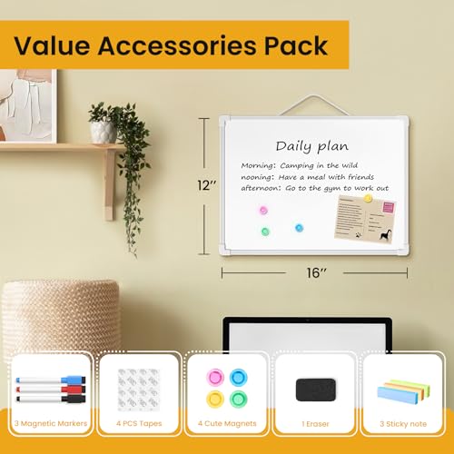 Small Dry Erase Board for Wall, 16" x 12" Double-sided Hanging Whiteboard, Dry Erase White Board with 3 Markers, 4 Magnets and 3 Mini Sticky Notes, Portable Whiteboard for Home, Office, School