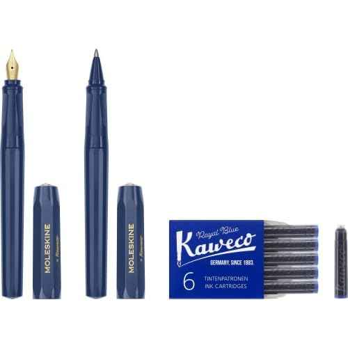 Moleskine x Kaweco, Fountain Pen and Ballpen Set, Medium Nib/1.0mm Point, Blue with Blue Ink