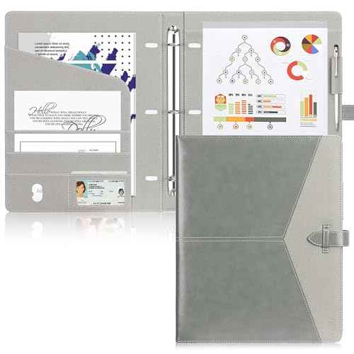 Toplive Padfolio 3 Ring Binder Organizer Business Portfolio Folder for Women, A4/ Letter Size PU Leather Portfolio Padfolio for Interview Conference Presentation, Grey