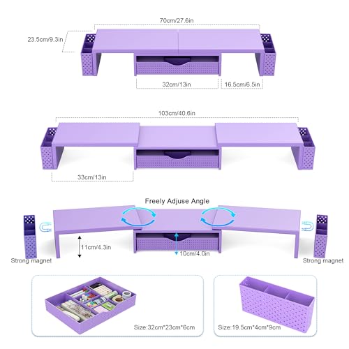 Spacrea Metal Desk Organizers and Accessories, Dual Monitor Stand Riser with Drawer and 2 Pen Holders, Desk Accessories & Workspace Desktop Organizers for Office Supplies (Purple)