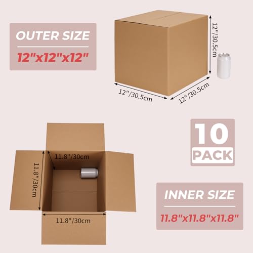 ZBEIVAN 12x12x12 Inches Shipping Boxes Pack of 10 - Corrugated Kraft Cardboard Mailers