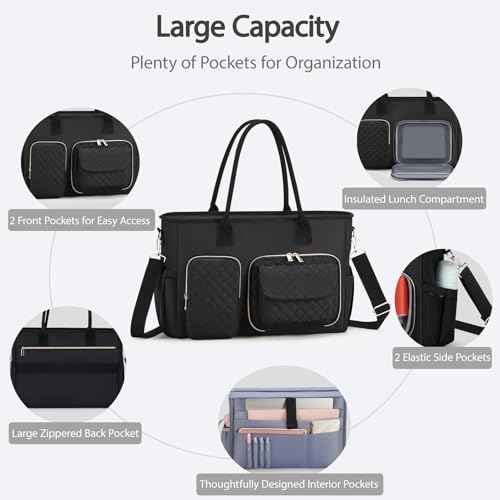 Women Laptop Tote Bag with Insulated Lunch Compartment,15.6'' Teacher Work Computer Bag,Large Water-Resistant Messenger Shoulder Bag with Multi Pockets for Office/College/Travel-Black