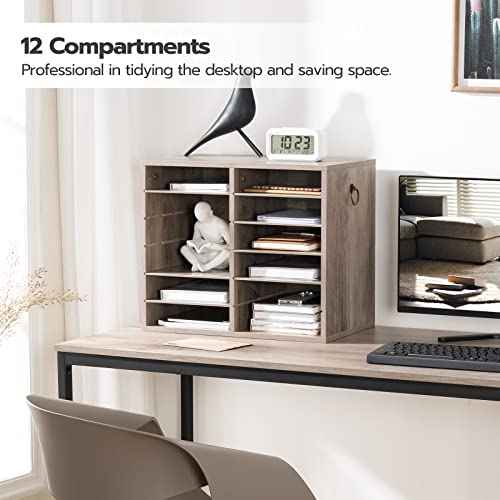 HOOBRO Literature Organizers, 12 Compartments Office Mailbox with Adjustable Shelves, Wood Countertop Literature Sorter for Office, Home, Classroom, Mailrooms Organization Greige BG12WF01