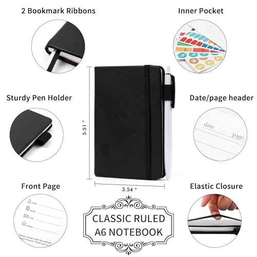 feela 15 Pack Pocket Small Notebooks Bulk, Mini Cute Notepads Hardcover College Ruled Lined Journals with Pen Holder for School Business, with 15 Black Pens, 3.5¡±x 5.5¡±, A6, Black Navy Dark Green