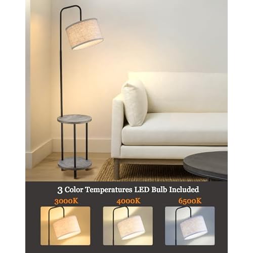 ELYONA Solid Wood Floor Lamp - Rustic Side Table Lamp for Bedroom & Living Room - Mid Century Modern Floor Lamp with 3 Color Temperatures LED Bulb - Industrial Tall Pole Reading Standing Light - Grey