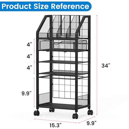 5 Tier Rolling File Cart with Drawer, Metal Office File Cart Organization with Sliding Trays, Teacher Carts with Wheels, Paper Letter Storage Hanging Files Folders for Workspace,Home,School Classroom