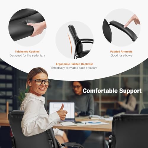 Sweetcrispy Waiting Room Guest Chair, Leather Stationary Office Reception Chairs No Wheel, Comfy Padded Arms and Seld Base, for Conference Room Lobby Home Computer Desk Bedroom Elderly, Black