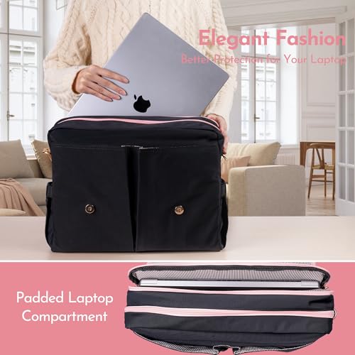 Laptop Tote Bag for Women ? 15.6" Canvas Work Bag with 17 Pockets | Black & Beige | Stylish, Durable & Lightweight