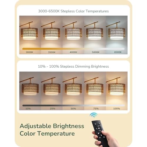 EDISHINE Rattan Arc Floor Lamp with Remote,Gold Farmhouse Standing Lamp with Dimmable LED Bulb,Rattan & Fabric Double Shades,Foot Switch,Adjustable Wicker Floor Lamps for Living Room, Bedroom, Nursery