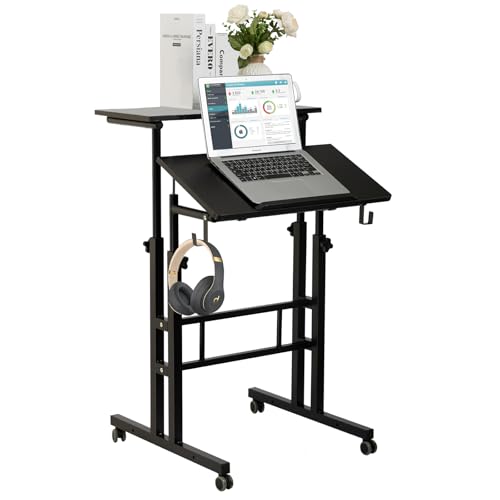 SIDUCAL 23.62" Black Mobile Standing Desk Converter with Wheels, Adjustable Sit-Stand Workstation