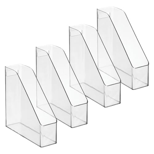 mDesign Plastic Slim Vertical File Folder Storage Organizer Bin with Handle, Hold Notebooks, Binders, Envelopes, Magazines for Home Office, Work Desktops, Ligne Collection, 4 Pack, Clear
