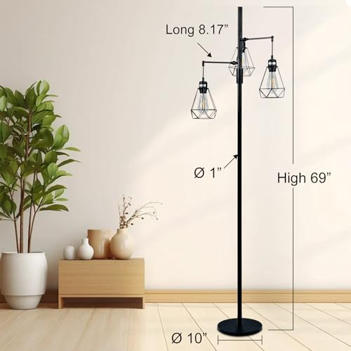 JuGuo 69" Industrial Tree Floor Lamp with Stepless Dimming - Adjustable Cage Shades & weighted Base, Vintage Dimmable Standing Light for Living Room/Office, 3x Edison Bulbs Included (Farmhouse Rustic)