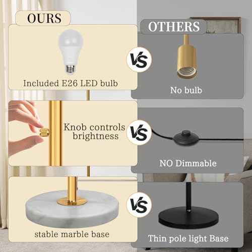 63.7" Modern Floor Lamp with White Marble Base & Linen Shade, Dimmable Tall Standing Lamp for Living Room & Bedroom, Gold Pole Light with 9W LED Bulb for Office Reading