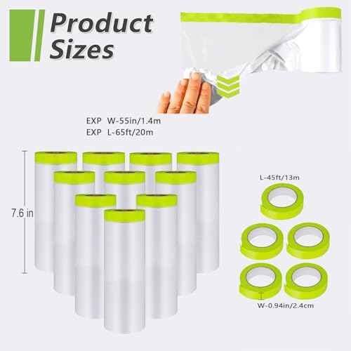 Pre-Taped Masking Film-55inx65ft Tape and Drape Painters Paper Rolls, Plastic Painting Film for Automotive Painting Covering £¨Masking Film:10rolls,Tape:5rolls£©