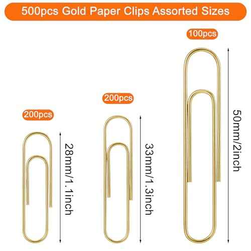 NEEWAY 500pcs Gold Paper Clips Assorted Sizes Small, Medium and Large Paperclips for Paperwork Ideal for Home, School and Office Use