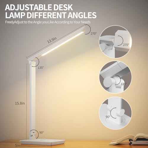 Desk Lamp with USB Charging Port, 14W 900LM Dimmable Eye-Caring Reading LED Desk Light for 9 Brightness Slide Touch & 5 Color Temperature Modes, Home Office Desktop Lamp, Small Study Lamp, White