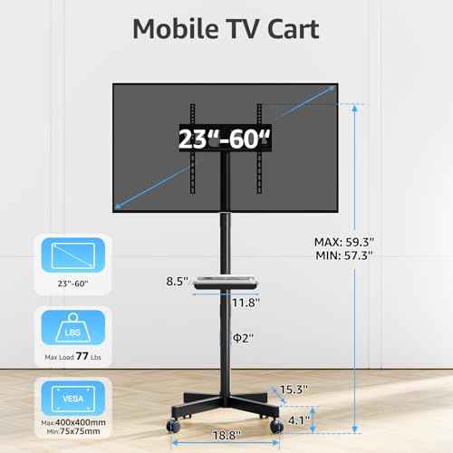 MOUNTUP Rolling TV Stand Mobile TV Cart for 23-60" TVs, Portable TV Floor Stand with Wheels for 27 32 40 43 50 inch Flat/Curved TVs, Height Adjustable, Tilting Mount, Max VESA 400x400mm, MU1117