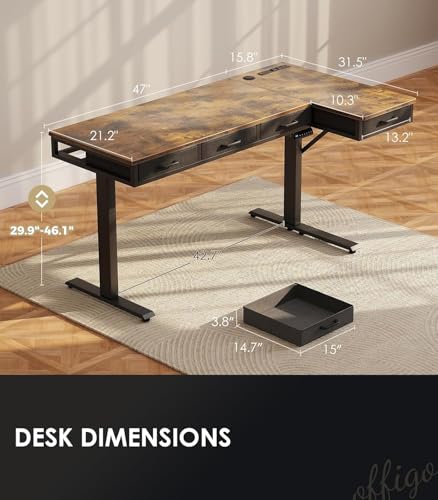OffiGo 63 Inch Rustic Brown L-Shaped Electric Standing Desk with 4 Drawers