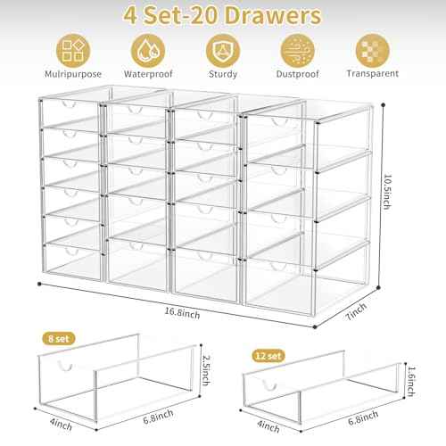 Acrylic Makeup Organizer with 20 Drawers, 4 Set Clear Storage Drawers, Acrylic Drawer Organizer and Storage for Desktop Office Supplies Make Up Pen Hair Accessories